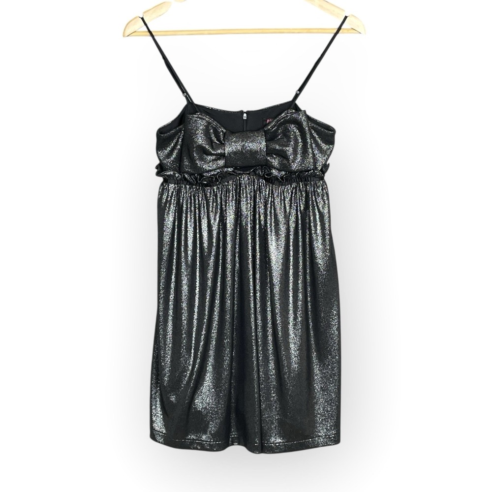 Y2K Betsey Johnson‎ Metallic Silver Bow Babydoll Mini Dress Size 6 Cocktail HOCO